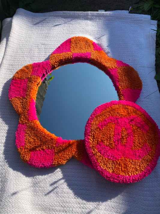 Pink and Orange Checkerboard Mirror/Coaster Set
